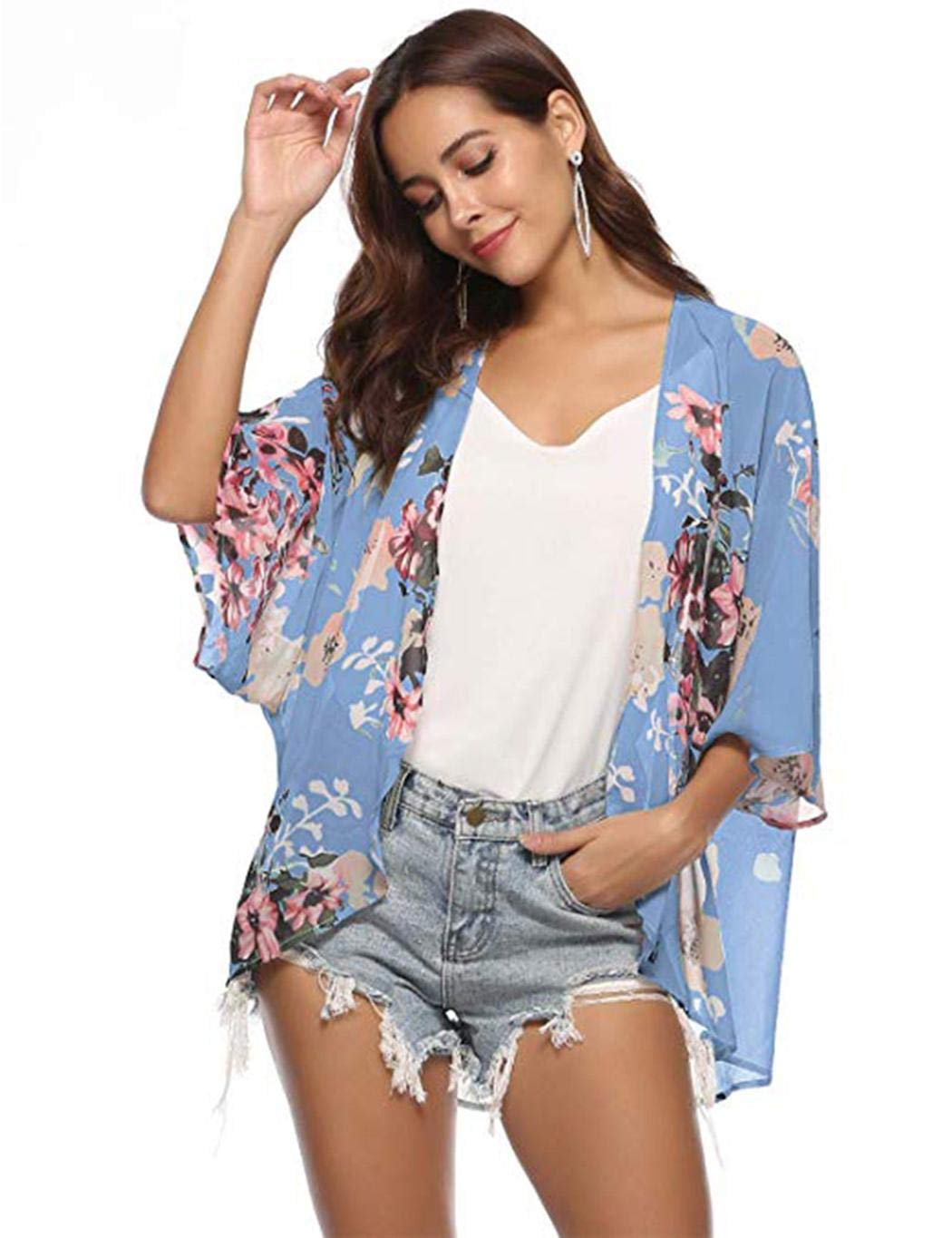milene88 Women Casual Raglan Sleeve Print Loose Open Stitch Beach Bikini Cover-up Cover-Ups Blue