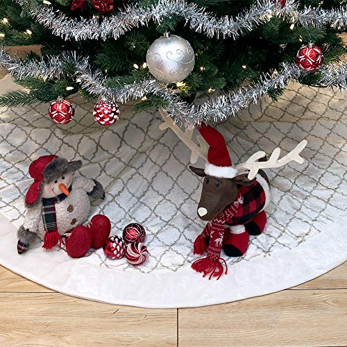 New Traditions 56 Inch Velvet Tree Skirt with Faux Fur Border and Gold Glitter Design - Ivory