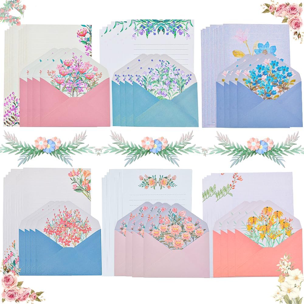 A5 Writing Paper and Envelopes Set, ADERTOS 24 PCS Writing Stationery Paper with 12 PCS Envelopes, Floral Lovely Letter Paper Lined Letter Writing Sets for Office Home School Invitation Gifts (6 Sets)