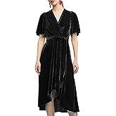 R.Vivimos Womens Velvet Pleated Wrap Tie Waist Elegant Flowy Party Plus Size Midi Dresses