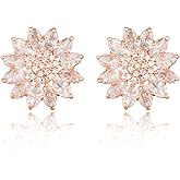 Crystal Flower Burst Stud Earirings - Big Sterling Silver CZ Cubic Zirconia Rhinestone Daisy Sunflower Floral Cluster Studs Bridal Wedding Party Prom Costume Jewelry for Bride Bridesmaids Women Birthstone Birthday Gift