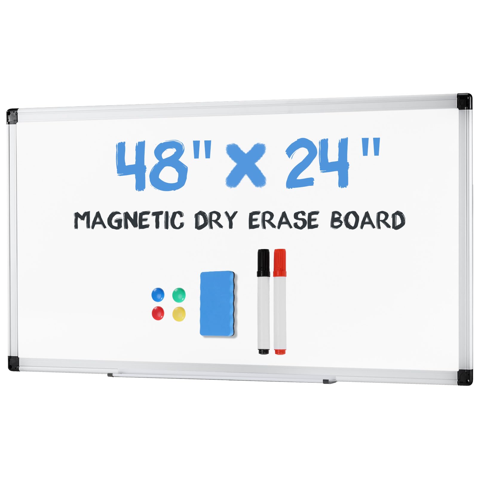 DUMOS Magnetic White Board Kit for Wall 48" x 24", Dry Erase Board with 1 Dry Eraser & 2 Multicolor Markers & 4 Magnetic Pins, Silver Reinforced Aluminum Frame for Home, School, Office Image
