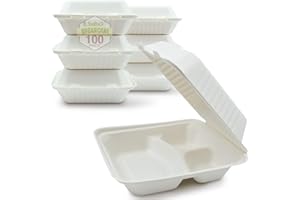 Green Earth 8-inch, 100-Count, 3-Compartment, Compostable Clamshell, Natural Bagasse (Sugarcane Fiber), Take-Out/to-Go Food Boxes - Biodegradable Containers, Hinged Lid Microwave-Safe Gluten-Free