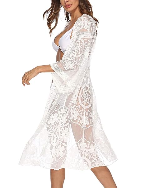 Womens Lace Cardigan Floral Crochet Sheer Beach Bikini Cover Ups Long Open Kimono