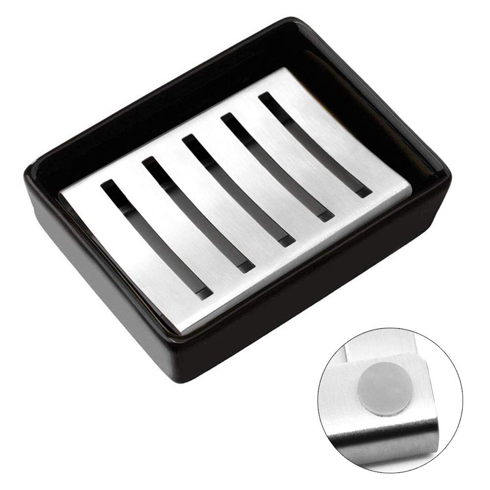 YOCZOX Soap Dish Holder Stainless Steel Soap Holder with Ceramic Seat Silicone Anti-Slip Pads Nordic Style Soap Tray for Bathroom Shower Kitchen Organized, Double Layer Draining, Silver+Black