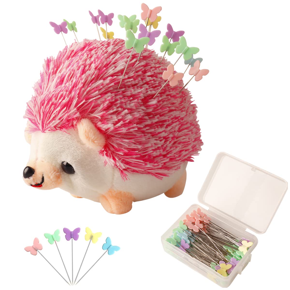 CICILIAYA Hedgehog Shape Pin Cushion, Cute Pincushions Sewing Kit Accessories Supplies Needle Cushions Holder with 100Pcs Colored Ball Heads Straight Fabric Pins for DIY Crafts (Pink)