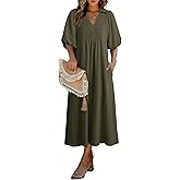 Dokotoo Summer Dresses for Women 2026 Casual Dresses V Neck Puff Sleeve Empire Waist A-Line Maxi Dress