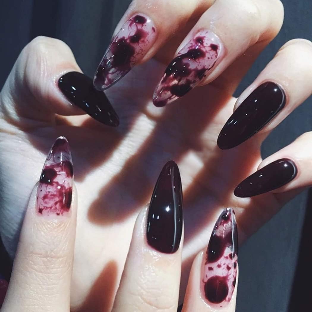 Sethexy 24Pcs Glossy Stiletto False Nails Black&Ink Full Cover Art Design Sharp Fake Nails Tips for Women and Girls