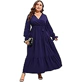 ShopWonder Womens Plus Size V Neck Wrap Long Sleeve Maxi Dress High Waist Ruffle Casual Dress with Belt