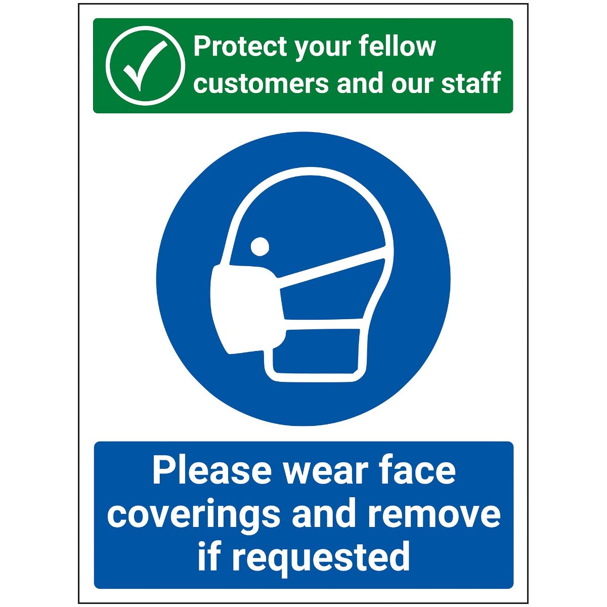 V Safety Protect Staff And Customers - Remove Coverings Sign - 200mm x 300mm - 1mm Rigid Plastic