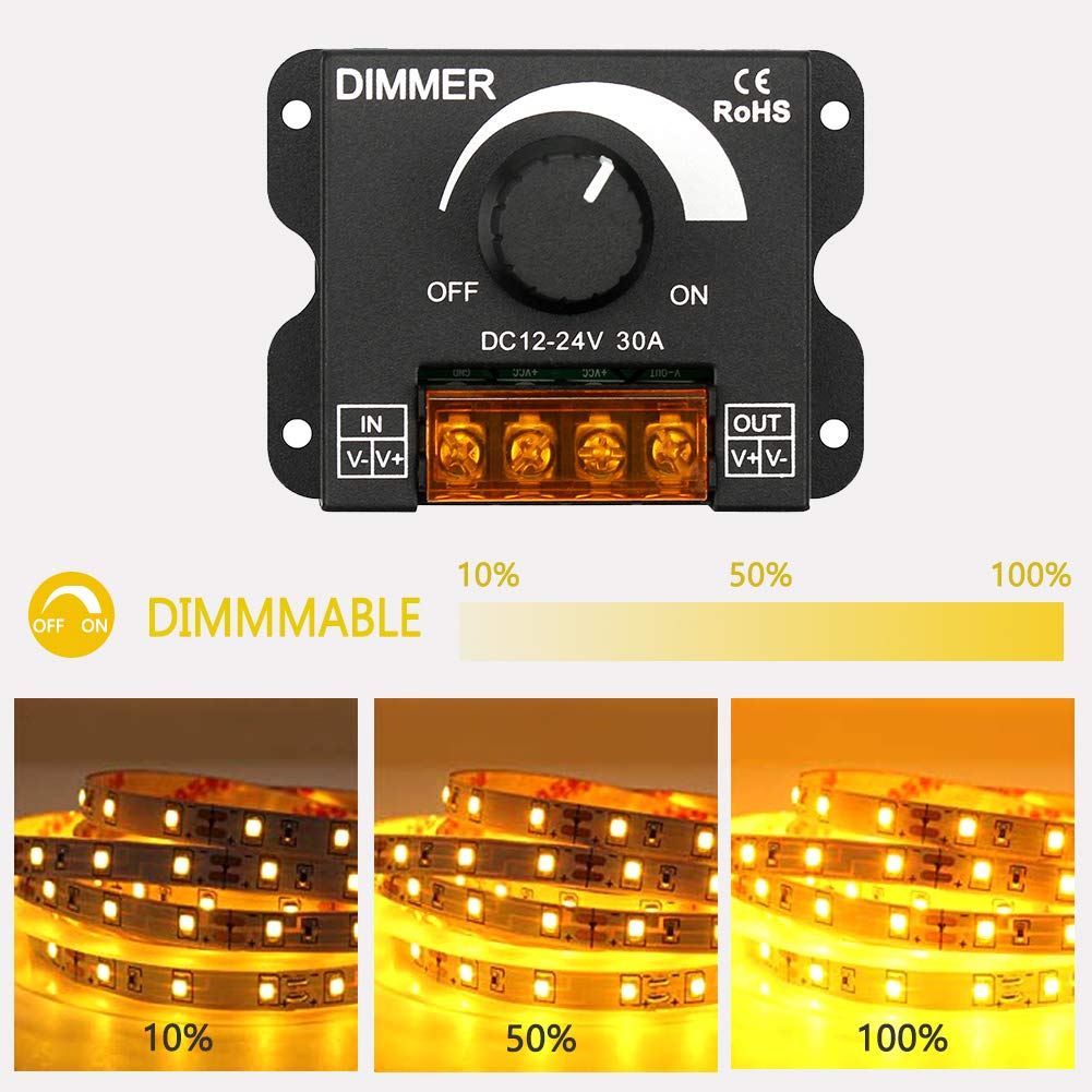 InduSKY Upgraded LED Dimmer PWM 12V-24V 30A Lighting Dimming Controller Single Channel + 5M 22AWG Extension Cable for Led Strips 3528 5050 Single Color + DC Power Cable 12V Plugs Female Connector: Industrial & Scientific