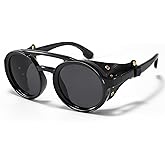 MUDIWRLO Polarized Round Steampunk Sunglasses with Leather Side Double Bridge Shield Retro Eyewear for Men Women