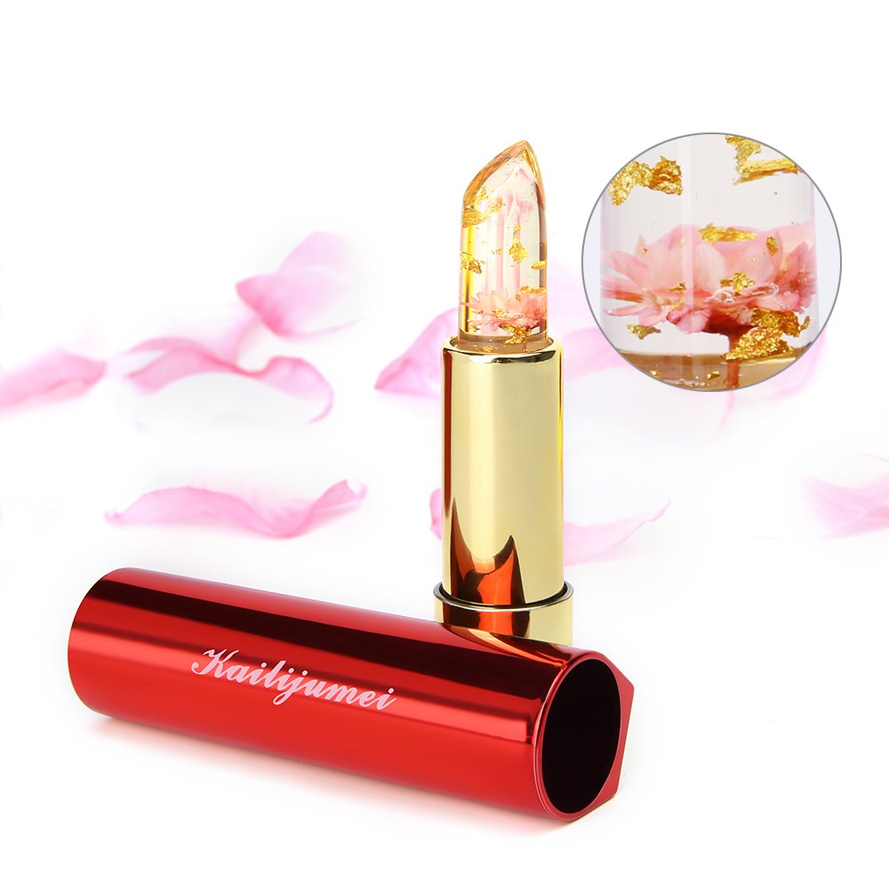 Kailijumei Flower Jelly Lipstick,Original Mirror Casing Lip Care Temperature Change Moisturizer Lipstick Lip Barbie Pink