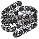 Vintage Inspired Burnished Silver Tone Black Faux Jewels and Crystals Peacock Feathers Bangle Bracelet