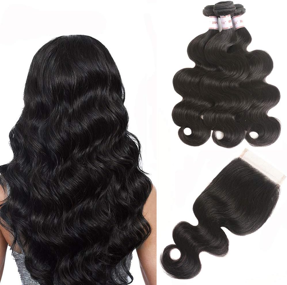 Karbalu Hair 10A Brazilian Virgin Hair Body Wave 3 Bundles with Closure 100% Unprocessed Brazilian Body Wave Human Hair Extensions with 4x4 Lace Closure Natural Color(14 16 18+12" Free Part)