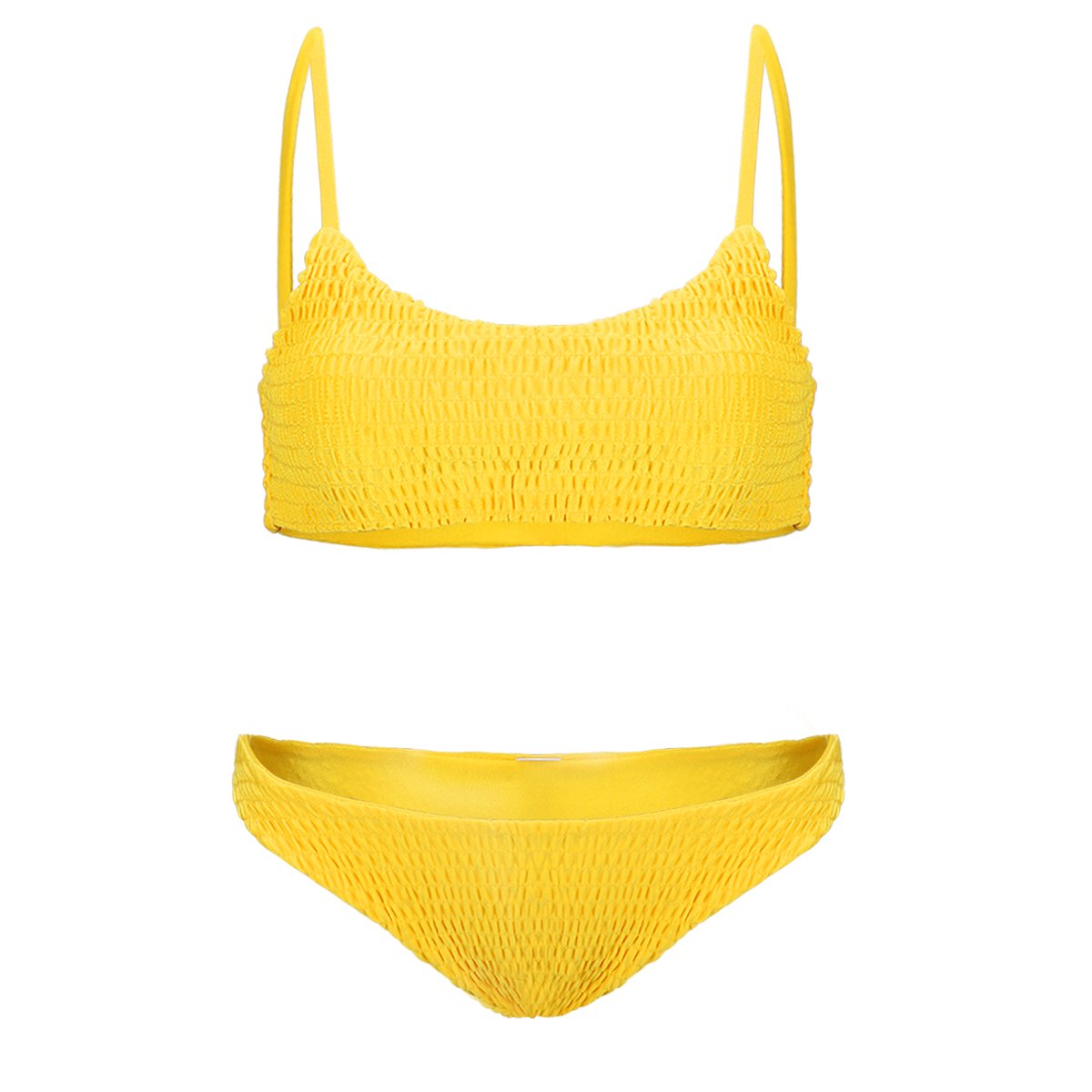 QEETUNG Women\'s Bikini Two Piece Solid Color Sexy Pleated Triangle Swimsuit Bikini Sets Beachwear Top Bottom Set (Yellow, M(US 2-4. Cup Size: B-C))