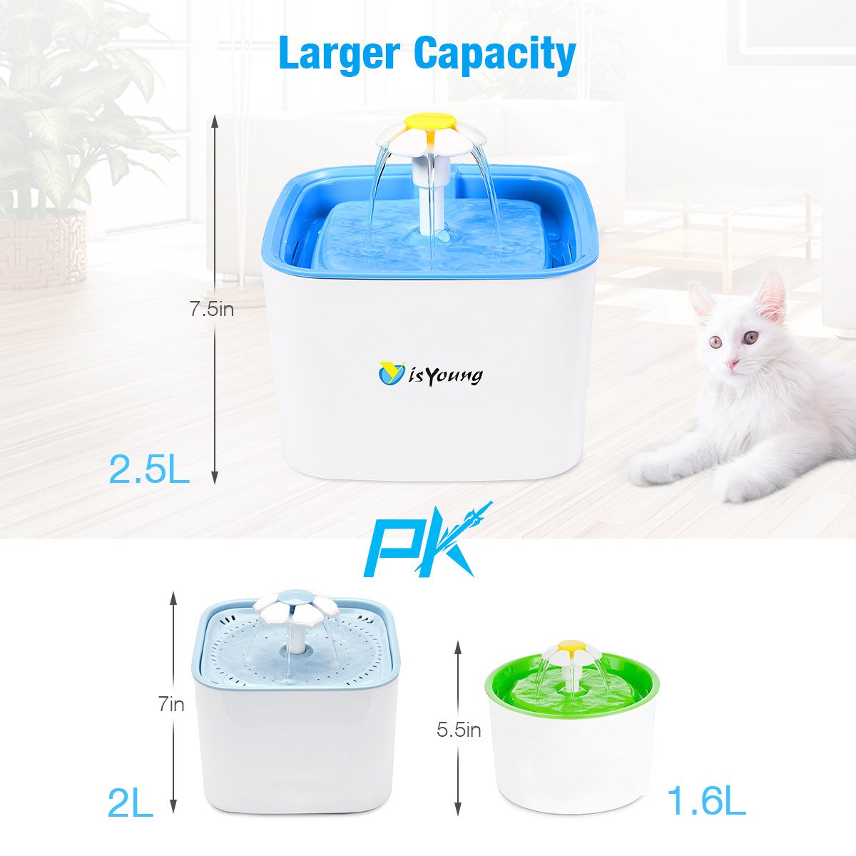 isYoung Pet Water Fountain, 2.5L Healthy Hygienic Cat Drinking Fountain, Super Quiet Flower Automatic Electric Water Dispenser 2 Replacement Filters Dogs, Cats, Birds Small Animals