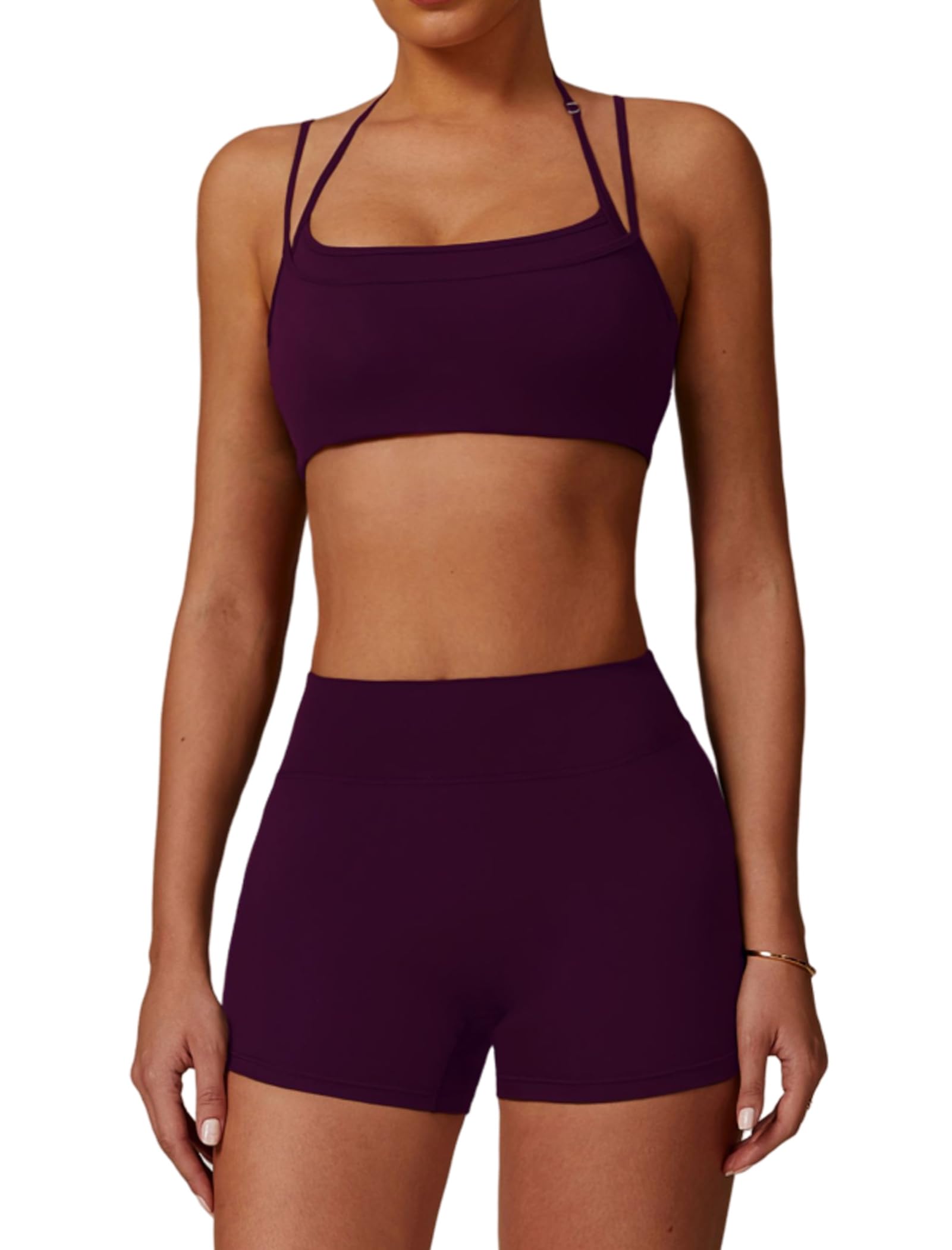 Photo 1 of *****USED*** QBGJTD Two Piece Workout Sets For Women Sleeveless Backless Sport Bra Matching High Waist Scrunch Butt Biker Shorts 2 Piece Gym Yoga Active Wear Outfits Womens Athletic Work Out Clothes Purple S