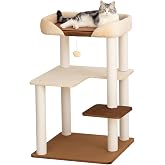 PETTIFUL 37.5" Cat Tree Tower for Large &amp; Senior Cats, Low-Step Design | Extra-large cushioned top perch | Wide landing shelves | Easy-clean fabric | Cotton-rope scratch posts