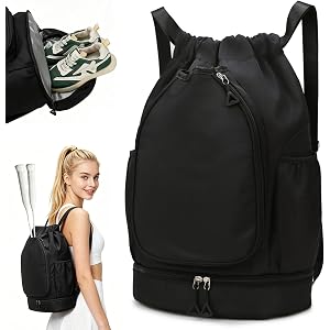 ARYNPEP Drawstring Gym Backpack with Separate Shoe Pocket,Badminton Bag,Multi-Pocket Wet Dry Separation Workout Backpack for