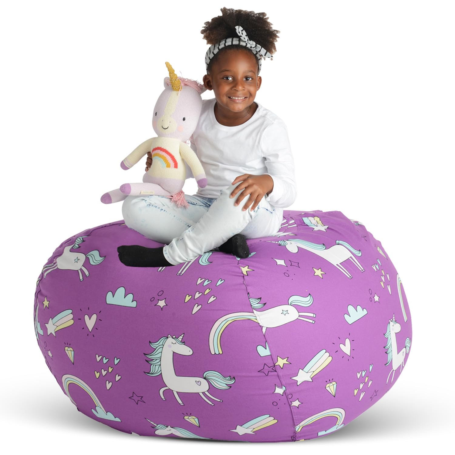 Creative QT Stuff ’n Sit Extra Large 38’’ Bean Bag Storage Cover for Stuffed Animals & Toys – Purple Unicorn Print – Toddler & Kids’ Rooms Organizer – Giant Beanbag Great Plush Toy Hammock Alternative