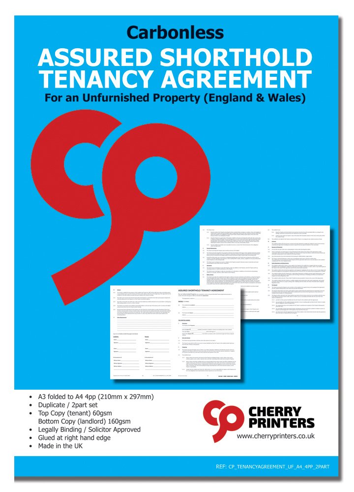 Cherry Assured Shorthold Tenancy Agreement for Unfurnished Property (England & Wales) Carbonless NCR Duplicate Sets 2part A4 4pp
