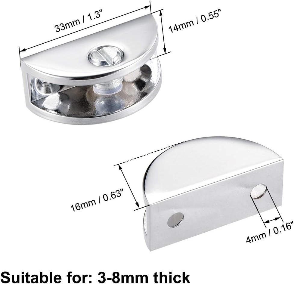 sourcing map Glass Shelf Brackets Zinc Alloy Clamp Clip Holder Half Round for 3-8mm Thickness 2pcs, Silver, Small - for 3-8mm - Image 3