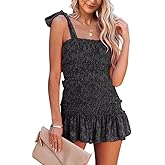 Fazortev Womens Summer Ruffle Smocked Mini Dress Sleeveless Floral Print Tiered Tie Slim Fit Short Dresses