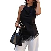 Verdusa Women's Lace Asymmetrical Halter Tops Satin Flowy Cowl Neck High Low Top Going Out Outfits