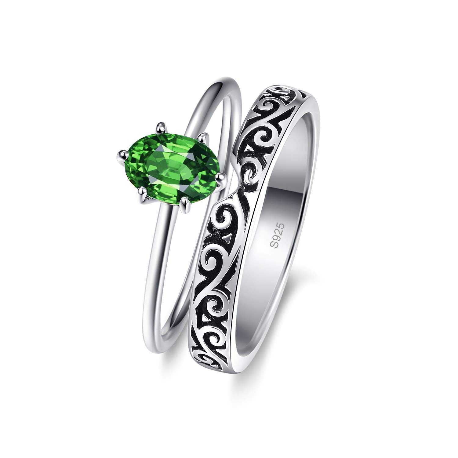 Bonlavie Womens Black Silver Wedding Ring Set Created Green Emerald Engagement Bridal Set Promise Ring Set Size L 1/2