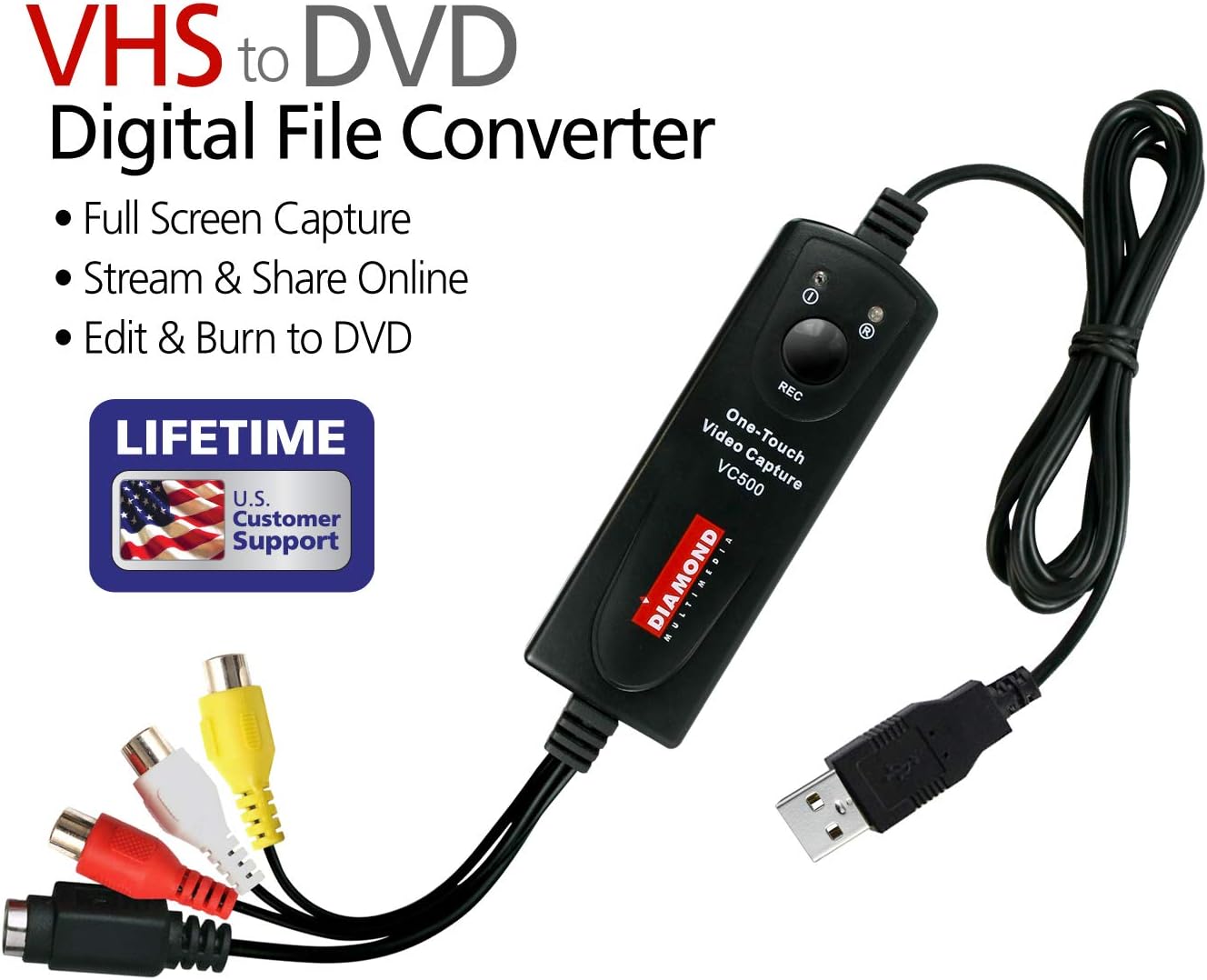 Diamond VC500 USB 2.0 One Touch VHS to DVD Video Capture Device with Easy to use Software, Convert, Edit and Save to Digital Files For Win7, Win8 and Win10: Computers & Accessories