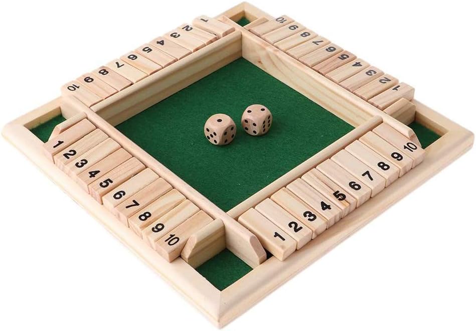 POFET Wood Deluxe 4 Sided 10 Number Shut The Box Dice Board Game For Kids Adults Strategy Traditional Wooden Game Set