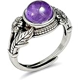 Sunongxin Amethyst Rings for Women, Antique Leaf Flower Ring for Vintage Jewelry, Adjustable Bohemian Jewelry for Women