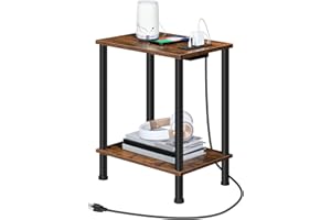 HOOBRO Side Table with Charging Station, End Table with USB Port and Outlet, Nightstand with 2-Layer Storage Shelves for Small Spaces, Living Room, Bedroom, Stable Frame, Rustic Brown BF09UBZ01