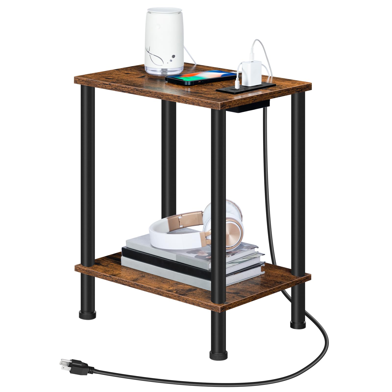 Photo 1 of HOOBRO Side Table with Charging Station, Small End Table with USB Port and Outlet, Nightstand with 2-Layer Storage Shelves for Small Spaces, Living Room, Bedroom, Stable Frame, Rustic Brown BF09UBZ01