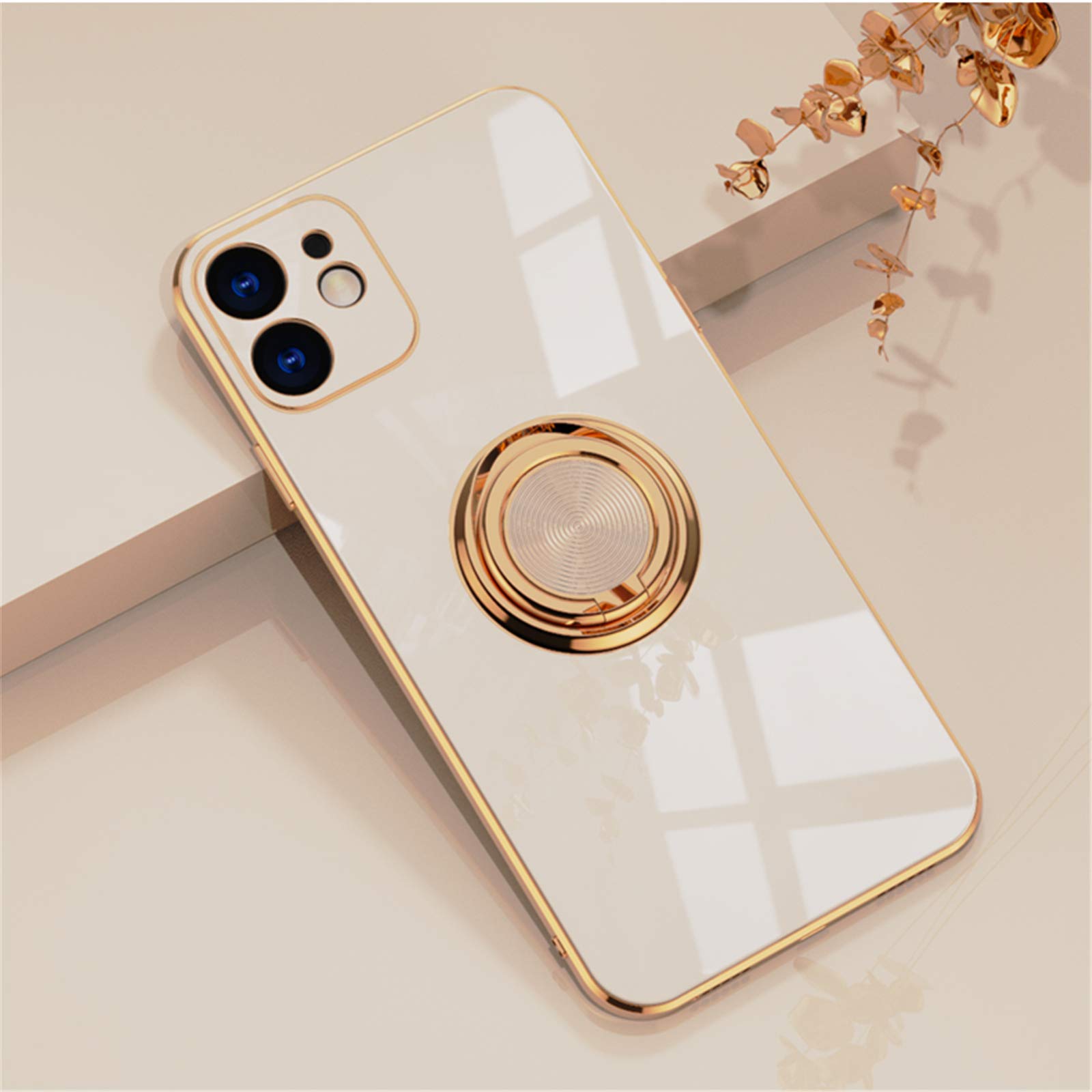 EYZUTAK Electroplated Magnetic Ring Holder Case, 360 Degree with Rotation Metal Finger Ring Holder Magnet Car Holder Soft Silicone Shockproof Cover for iPhone 11 6.1 inch - Light Pink — image 1
