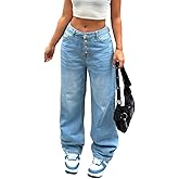 Womens Baggy Jeans Casual Wide Leg Jeans Boyfriend Low Rise Denim Streetwear Button Fly Loose fit Trendy Pants