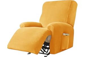 PENDEJATO Stretch Recliner Covers, 4-Piece Ultra Soft Velvet Recliner Chair Slipcover Single Seat Couch Cover Furniture Protector with Pocket (Gold)