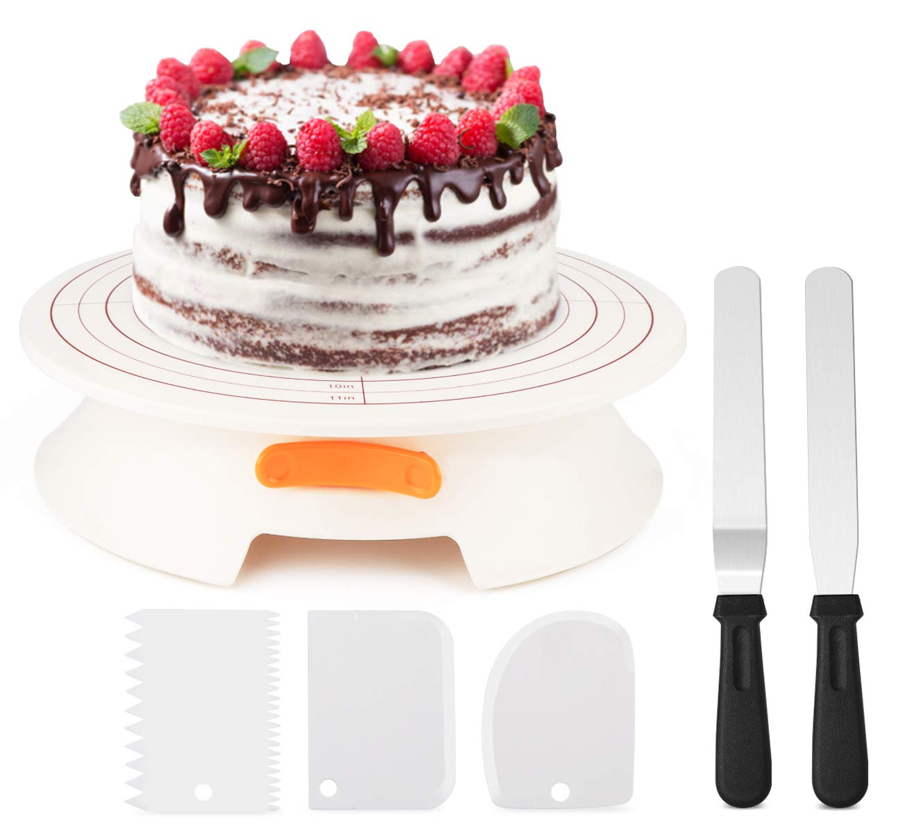 ilauke Cake Turntable, Cake Plate Rotating Cake Decorating Turntable with 3Pcs Stainless Steel Cake Icing Smoother and 2Pcs Spatula for Baking, Decorating, Pastries