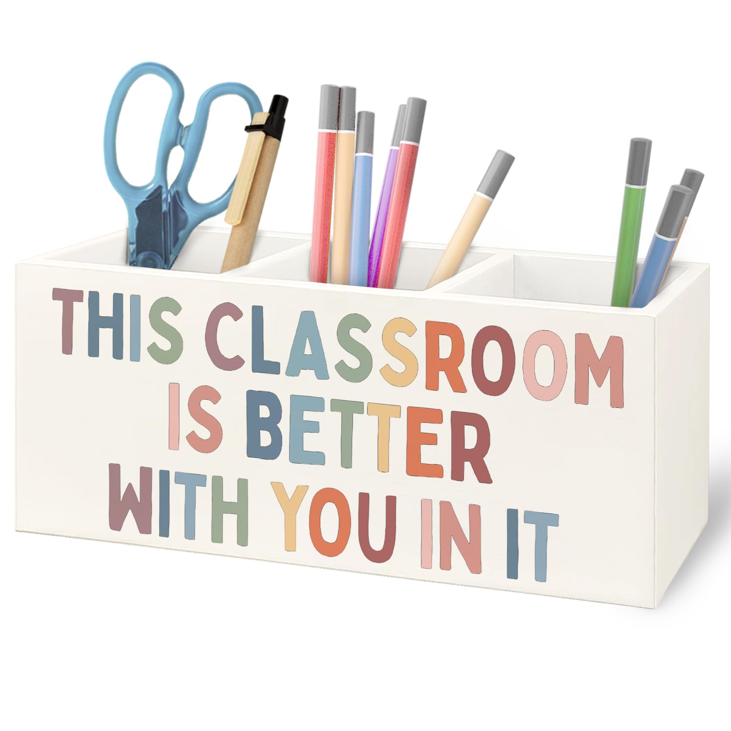 Photo 1 of URLLUAE Boho Classroom Wooden Pen Pencil Holder for Desk Accessories, Back to School Supplies for Students College Boys Girls Teachers First Day of School, This Classroom Is Better with You in It