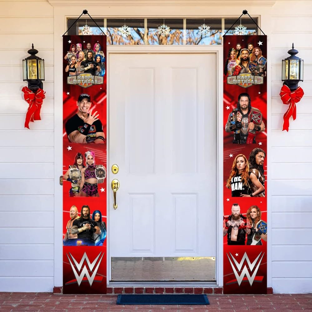 Photo 1 of 2Pcs Wresting Birthday Porch Sign Door Hanging Banner Party Supplies for Wresting Themed Door Decorations
