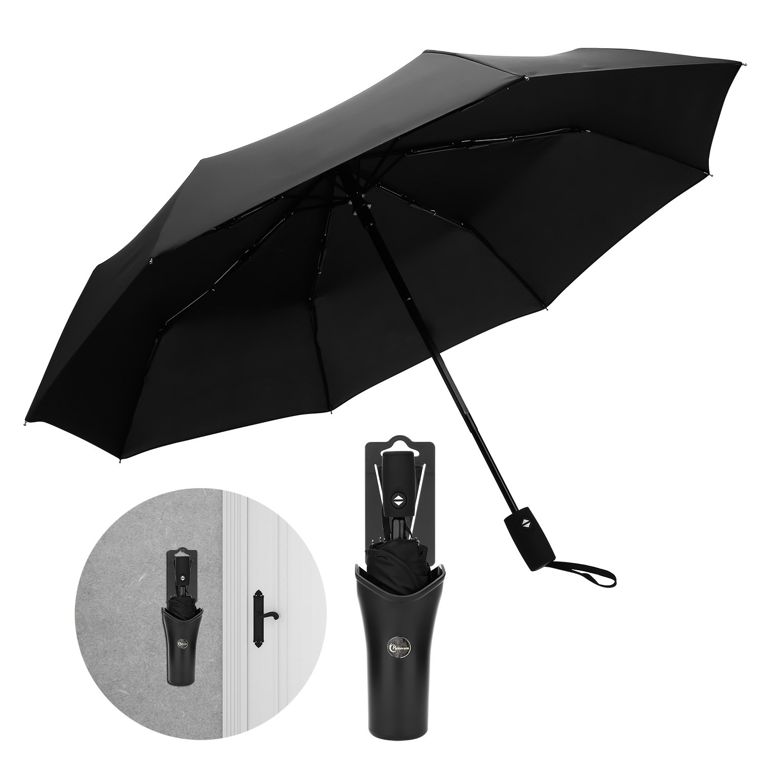 Persevere Automatic Open Black Travel Umbrella Windproof Folding Rain UV Protection Umbrella