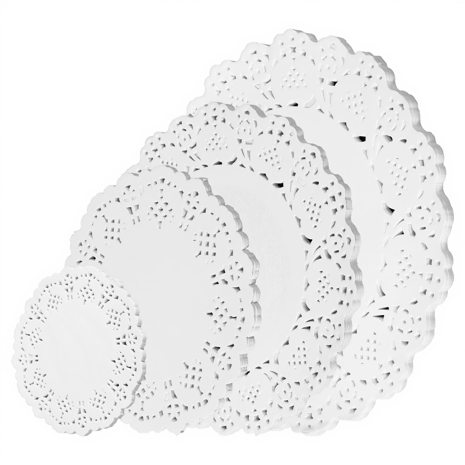 Photo 1 of 100 Pcs Round Paper Doilies Assorted Sizes 4.5/5.5/6.3/8.3 Inch White Paper Placemats Lace Cupcake Liners Disposable Doily Greaseproof Dessert Plate Mats for Party Table Craft Cakes Desserts Tableware