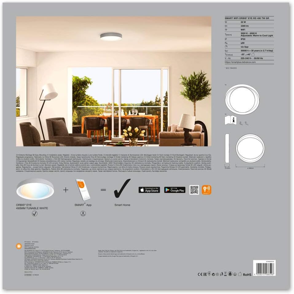 LEDVANCE Smart LEDWall and Ceiling Luminaire for Indoor Use with WiFi Technology Tunable White (3000K-6500K), Gray, 490 mm - Image 5
