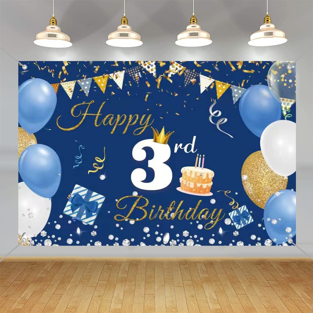 3rd Birthday Decorations for Boy/Girl, 3 Years Old Backdrop Banner Fabric Sign Poster, Happy 3rd Birthday Party Supplies Blue Photography Background Welcome Sign, 150cm x 90cm
