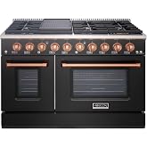 Akicon 48" Slide-in Freestanding Professional Style Gas Range with 6.7 Cu. Ft. Oven, 8 Burners, Convection Fan, Cast Iron Grates, &amp; Blue Porcelain Oven Interior, In Black with Copper