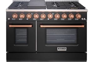 Akicon 48" Slide-in Freestanding Professional Style Gas Range with 6.7 Cu. Ft. Oven, 8 Burners, Convection Fan, Cast Iron Grates, & Blue Porcelain Oven Interior, In Black with Copper