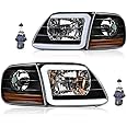 PIT66 LED DRL Headlights w/Corner Parking Lights Fit for 1997-2003 Ford F150 /2004 F150 Heritage/Fit 98-99 F250 /Fit 97-02 Expedition Black Housing Amber Reflector
