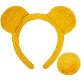 Yellow Bear Ears Headband and Tail Halloween Costume Accessories for Women Adult, Cute Plush Bear Costume Headband