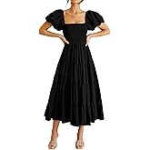 PRETTYGARDEN Women's Casual Summer Midi Dress Puffy Short Sleeve Square Neck Smocked Tiered Ruffle Dresses